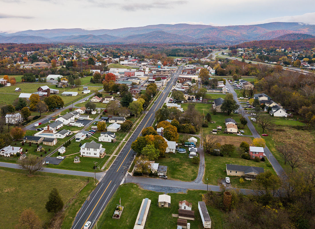 Courtland, VA - Aerial View of Elkton, Virginia in the Shenandoah Valley With Mountains in the Distance
